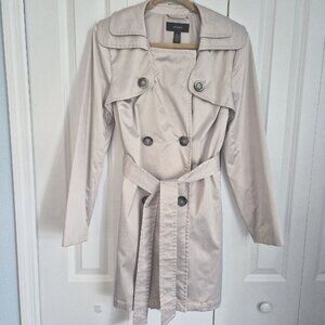Alfani Lustrous Cream Beige Trench Coat M Belted Double Breasted Stretch